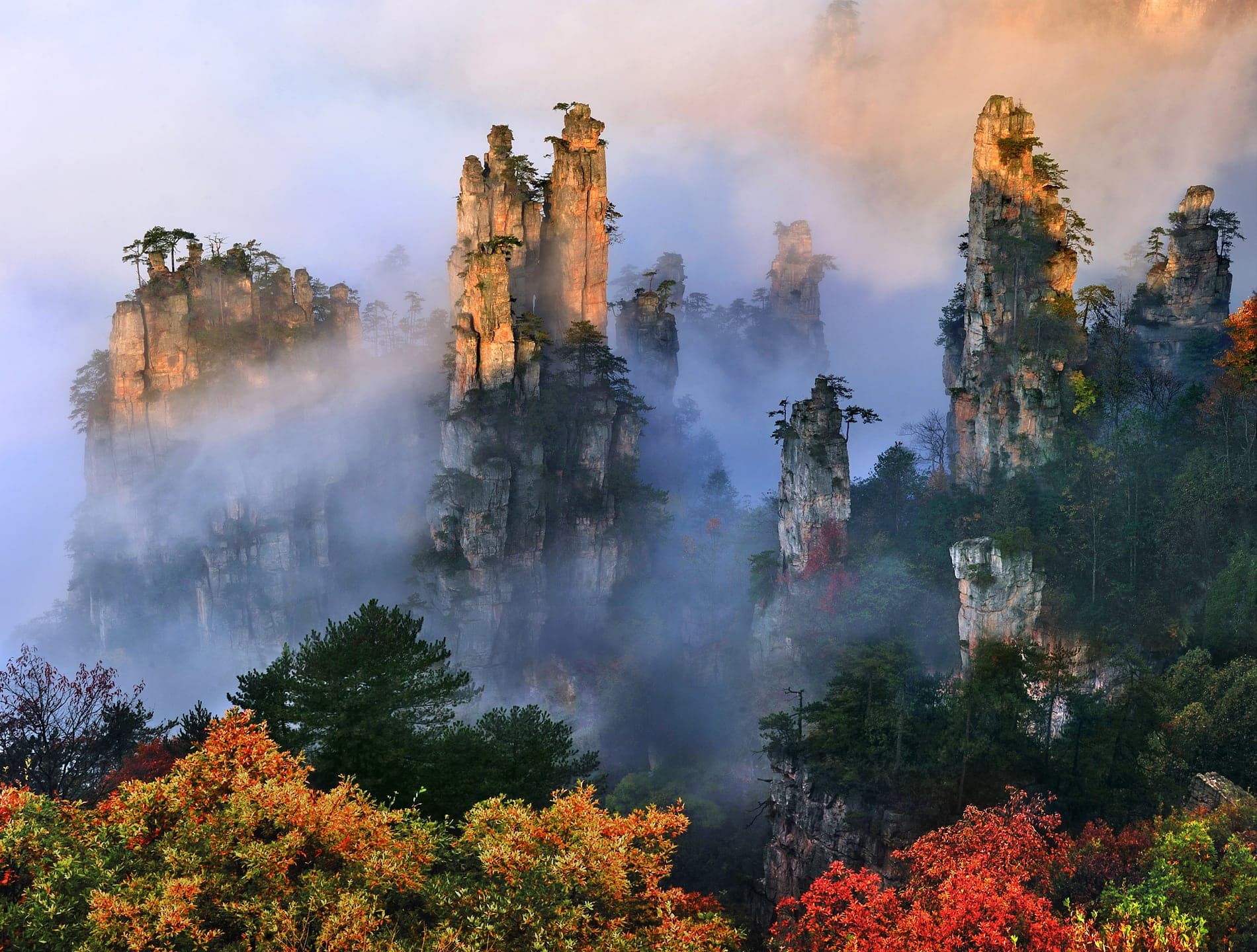 Autumn-coloured foliage beneath sandstone peaks and mist.